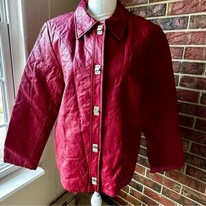 Dialogue Women's Quilted Leather Jacket in Rich Red Turn Lock Closures 80s Club